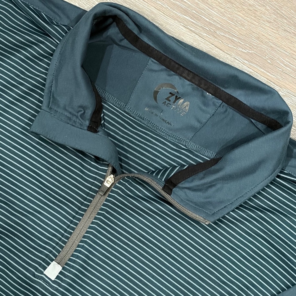 Zyia Active Mens Quarter Zip‎ Pullover Large Teal Striped Long Sleeve Golf Shirt